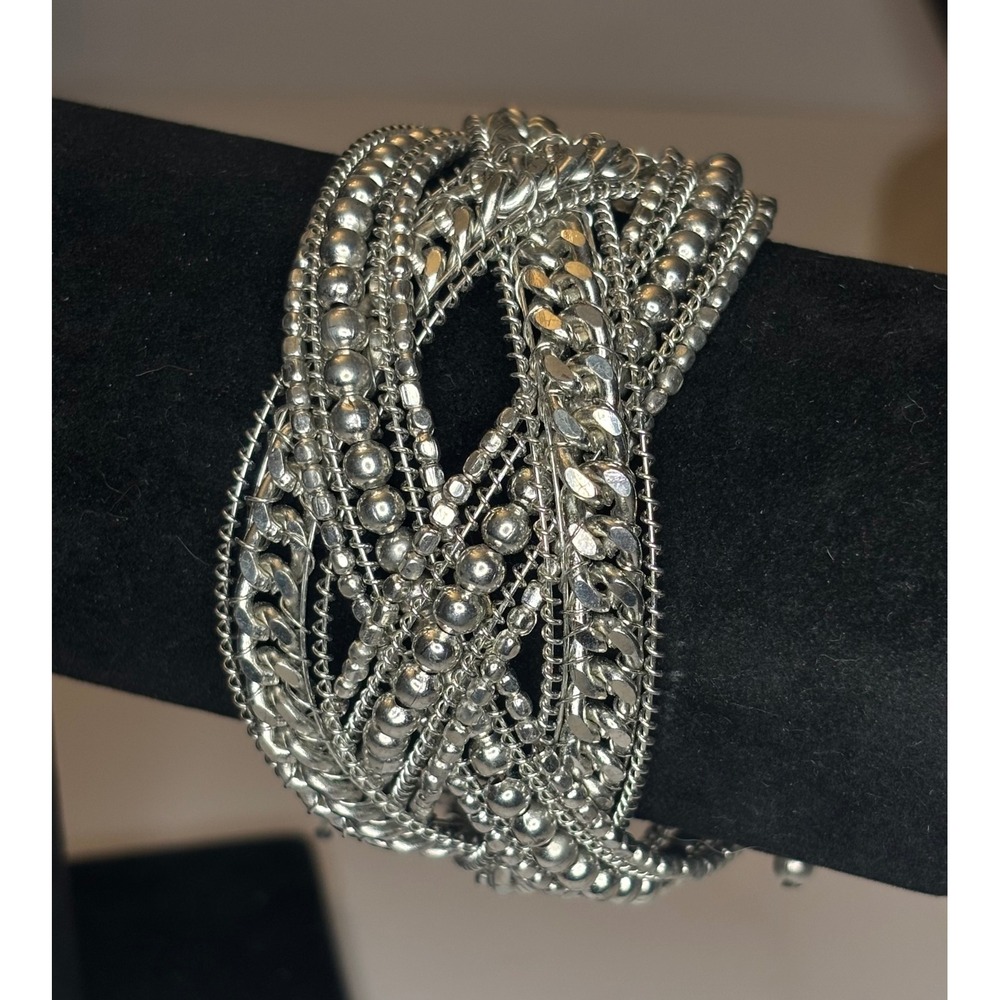 Vintage Silver Tone Boho Statement Cuff Bracelet Multi Strand Woven Bead Chain